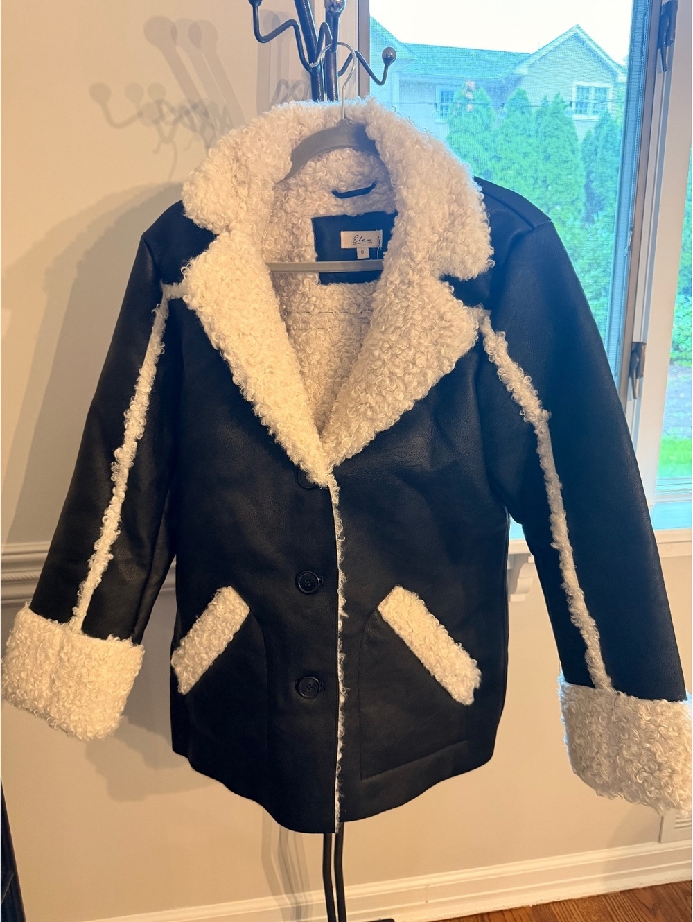 Elan Women's Black Faux Leather and White Sherpa Coat Size S